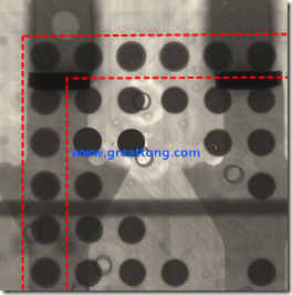 BGA錫球尺寸小于0.4mm，采用降低BGA內(nèi)圍襲球的錫膏量所得到X-Ray，稍微留意一下可以發(fā)現(xiàn)最外圈的錫量(圓的直徑)比其他內(nèi)圍的錫球上的錫量來得多一點(diǎn)點(diǎn)。也就是外圈的黑色圓形直徑比內(nèi)圈的圓形來得大一點(diǎn)點(diǎn)。