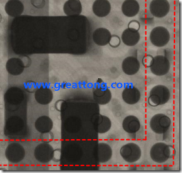 BGA錫球尺寸小于0.4mm，采用降低BGA內(nèi)圍襲球的錫膏量所得到X-Ray，稍微留意一下可以發(fā)現(xiàn)最外圈的錫量(圓的直徑)比其他內(nèi)圍的錫球上的錫量來得多一點(diǎn)點(diǎn)。也就是外圈的黑色圓形直徑比內(nèi)圈的圓形來得大一點(diǎn)點(diǎn)。