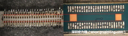 把板對(duì)板連接器與其電路板的佈線焊墊作一個(gè)比較，端子的切斷面有毛邊的地方剛好對(duì)到了裸銅區(qū)。
