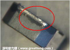 使用錫(Sn)鍍層的電源電感器(Power Inductors)，經過推力測試后，其焊點還保留在零件的端點上，所以推力比較高。
