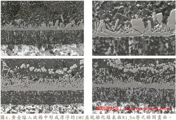 下面四張圖片為放大4500倍的SEM圖像，說明在回流焊爐熱量不足的情況下，黃金成份正要從鎳層分離融入焊錫之中的瞬間，當零件遭受外力沖擊的時候就極有可能從這一整排AuSn、、AuSn2或AuSn4的IMC處裂開。