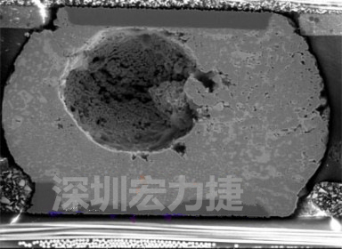 錫球氣泡大到足以影響到焊接的品質，下圖是錫球切片后的剖面，可以很明顯看到氣泡已經有錫球的 1/3 大了
