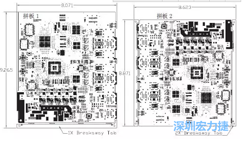 如圖7所示是使用不同數(shù)量邊條的拼板，拼板1僅使用了一個邊條，直接利用PCB另一邊作為SMT工藝傳送邊，并且PCB圖形中有合適的安裝孔；而拼板2則是按常規(guī)設(shè)計了兩個邊條。拼板方式為連接筋。圖中“Breakaway Tab”指邊條-深圳宏力捷
