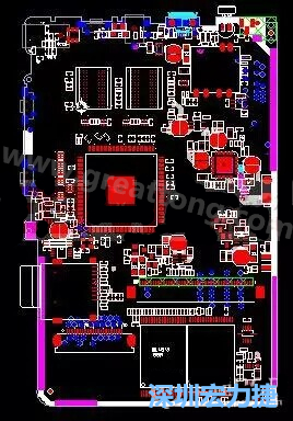 上圖是一個(gè)開發(fā)板的PCB，從布局中可以看出各個(gè)接口電路分離很明確，SDRAM和DDR以及SD卡接口電路等走線不會(huì)造成相互的干擾。-深圳宏力捷