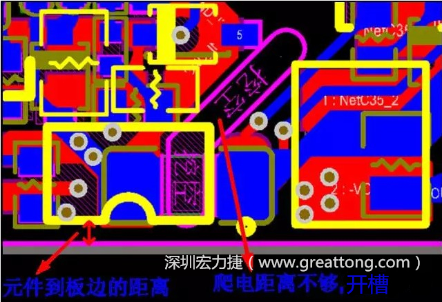 如果碰到模塊PCB空間有限，爬電距離不夠，可以采用開槽的方式