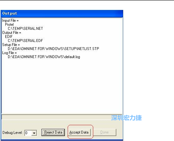 系統(tǒng)彈出一個輸出窗口，點擊 Accept Data。完成后點擊“確定”，再點擊“Done”關閉輸出窗口。退出 Omninet for Windows。