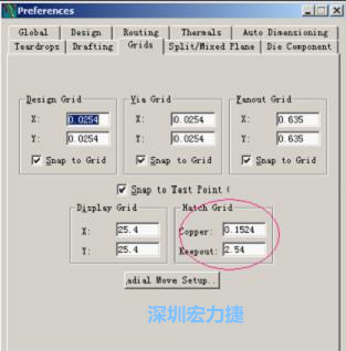  改銅皮的填充網(wǎng)格Global→Design Units，填充方向Drafting→Direction；Hatch Grid中Copper此數(shù)值為大銅箔中所填充的線條中心到中心的距離。