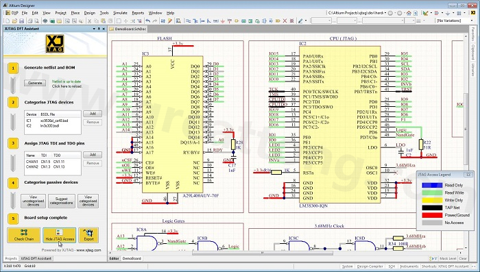 XJTAG DFT Assistant的Access Viewer模式可以清楚地顯示可用的測試存取層級，讓電路板設(shè)計(jì)人員在展開PCB布局以前的原理圖擷取階段盡可能地提高測試存取能力