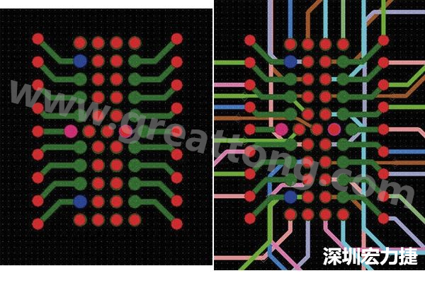 圖7：焊盤內(nèi)過孔用于內(nèi)部，而外部接腳在0.5mm閘格上扇出。圖7a顯示的是頂層(左)；圖7b顯示頂層和內(nèi)部布線層(右)。