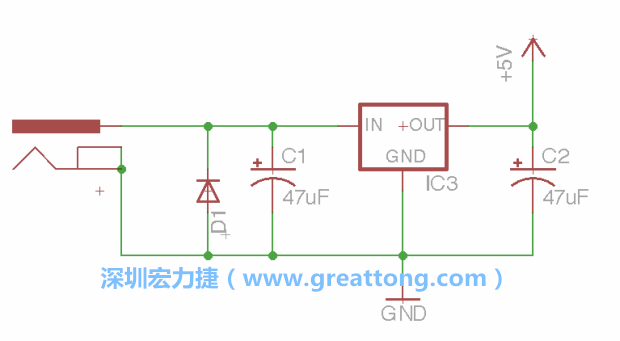 新增RBBB→Power_Jack，將它放在電壓調(diào)整器的輸入端旁邊。