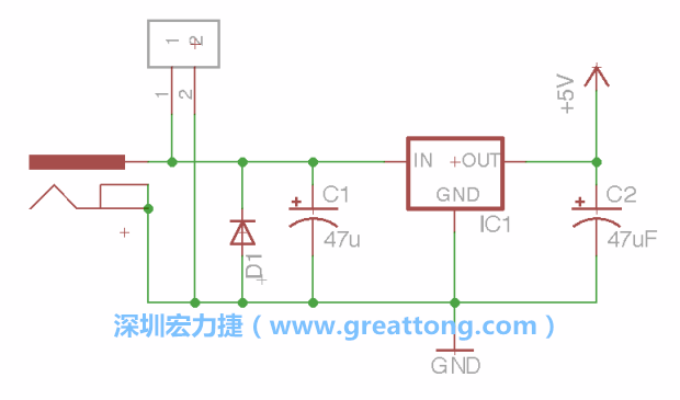 2.5.    新增一個二極體，它會以水平的狀態(tài)出現(xiàn)在屏幕上，請使用「旋轉(zhuǎn)（Rotate）」工具把它負極那一面朝上，并且用「網(wǎng)絡(luò)連接」工具將它連接在電壓調(diào)整器的輸入端和接地端之間。