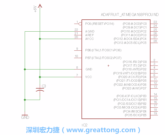3.1.    新增微控制器晶片（RBBB → ATmega），把它放在電路原理圖的中央附近，把它的兩個(gè)接地接頭連接到接地訊號端。