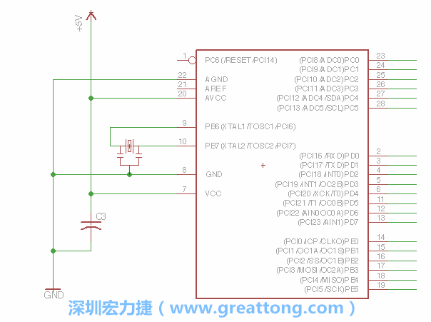 3.2.    在靠近ATmega的電源供應(yīng)針腳7的位置放置一個(gè)0.1μF的電容，將它分別連接電源、接地端和針腳7。