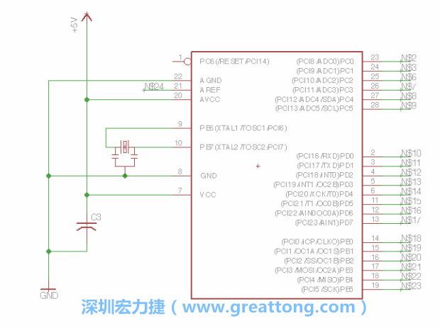 3.3.    將共鳴器（resonator）放置在針腳9和針腳10附近，將它的三個(gè)針腳連接如圖所示，并確認(rèn)最中間的針腳有連到接地端。
