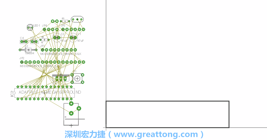 第一次執(zhí)行布線編輯器時(shí)，你會發(fā)現(xiàn)有兩個(gè)區(qū)塊，左邊的區(qū)塊非?；靵y，而右邊的區(qū)塊則是一個(gè)長方形的工作區(qū)域，EAGLE免費(fèi)版會限制你的工作區(qū)域在4” x 3.2”的范圍內(nèi)，如果你試圖將元件擺放在工作區(qū)外的話，就會跳出警示訊息。