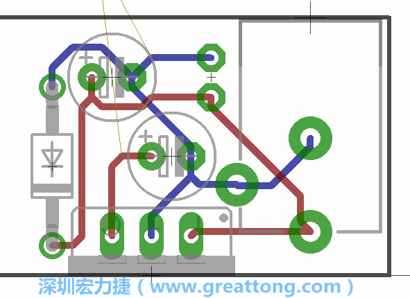 接地連結(jié)點(diǎn)的布線情形如下圖所示，利用這個(gè)練習(xí)來避免電路連線銳角化的產(chǎn)生是一個(gè)不錯(cuò)的選擇，你可以在工具列中的彎曲線路（Wire Bend）選項(xiàng)里改變各種布線的變化。