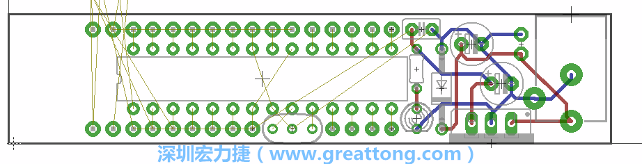 將ATmega微控制器、三個(gè)GPIO排針（JP2, JP3, JP4）和諧振器（resonator）排置如上圖所示。