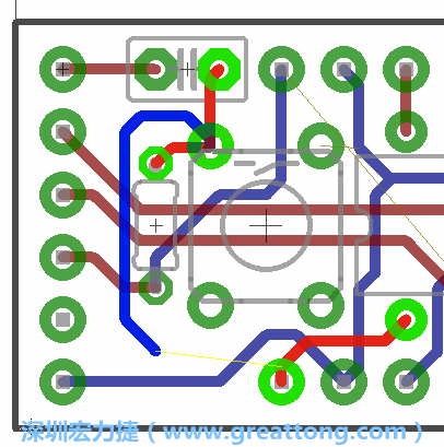 要在電路板正面進(jìn)行+5V信號線連結(jié)和其他連結(jié)點(diǎn)的布線工作是非常容易的，而重置信號線（信號線用來連結(jié)電路板正面左邊的重置開關(guān)）需要經(jīng)過一個(gè)可以通過電路板正反兩面的電路通道，這個(gè)通道是一個(gè)可以讓電路板正反兩面線路連接的一個(gè)小孔。