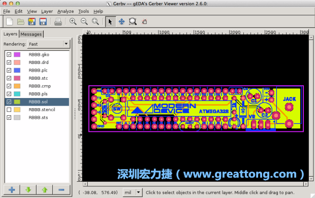 將圖層匯入你的Gerber預覽工具內(nèi)（下圖為Gerbv），我通常會從上到下重新排列它們的順序，好讓我比較好校對：