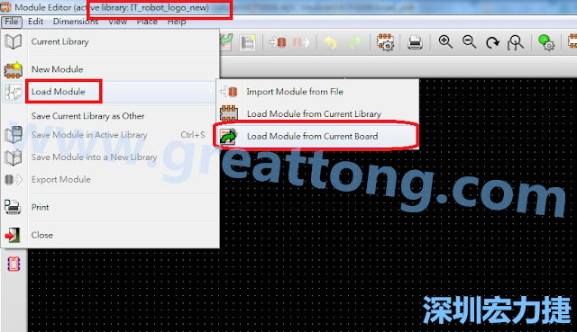 進(jìn)入Module Editor去載入其他Footprint(Module)進(jìn)來， 從目前的Active library (不過要先選取一個(gè)Current library ) 載入Module 或從目前正在編輯的PCB載入Module。