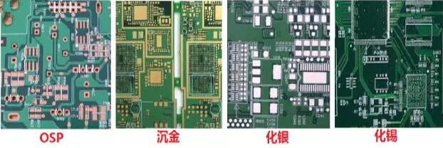 表面工藝分：熱風整平，沉金， 化銀， 化錫， OSP 等幾種表面工藝