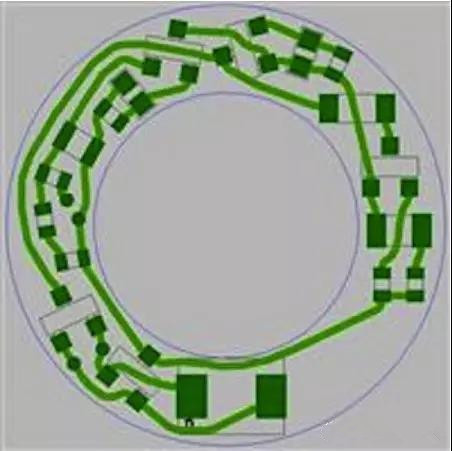 圖6：PCB布線例子：(a)拓撲式自動布線器(完成了100%導線的布線)；